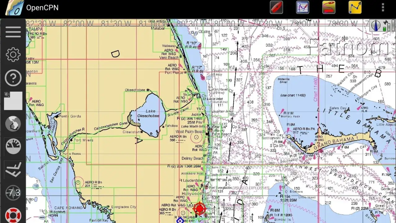 Mappa nautica OpenCPN con dettagli per come rintracciare una nave in navigazione, mostra coste, porti e profondità.