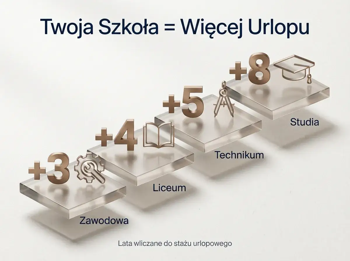 Twoja szkoła = więcej urlopu. Zawodowa daje +3 lata, liceum +4, technikum +5, a studia +8 lat do stażu urlopowego.