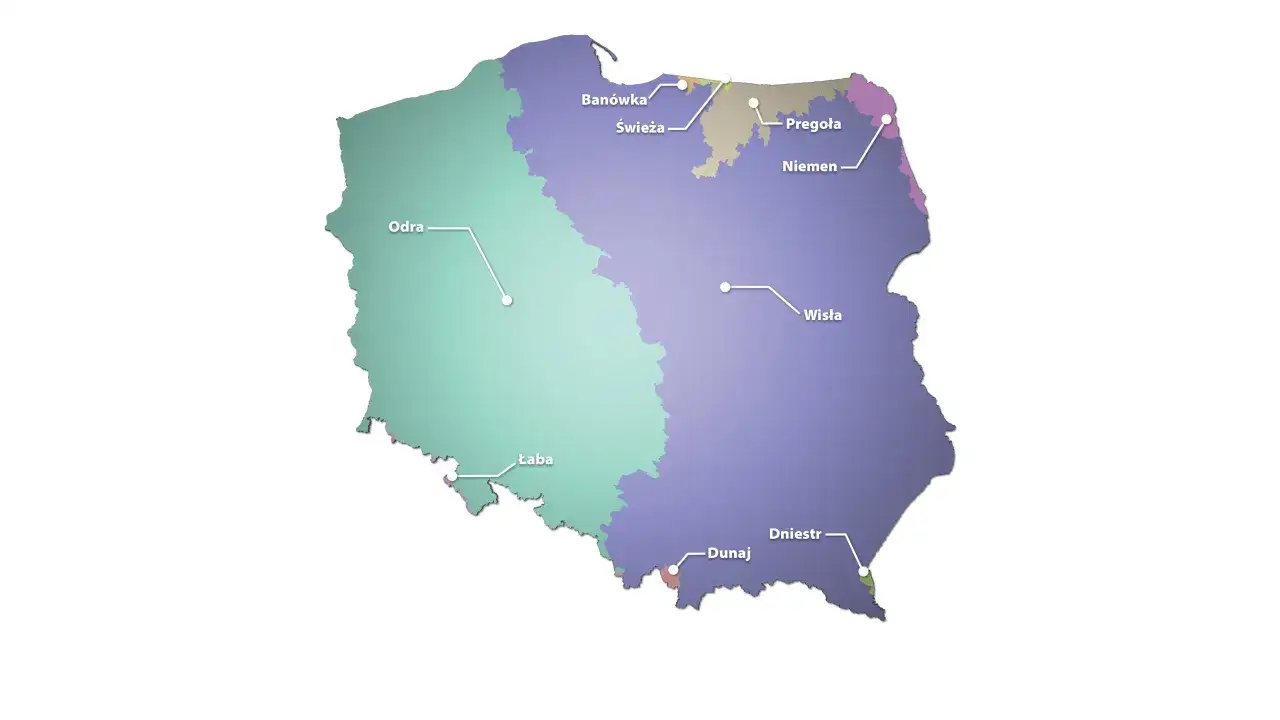 Mapa Polski z zaznaczonymi dorzeczami Wisły i Odry, a także innych rzek jak Łaba, Pregoła, Niemen, Dniestr i Dunaj.