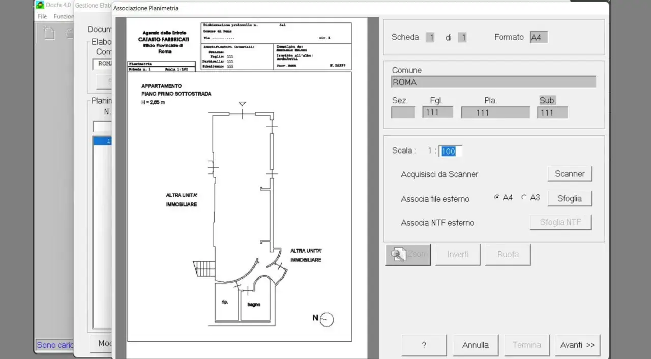 Interfaccia software per la gestione di planimetrie catastali, con dati relativi a Roma e una planimetria di un appartamento. La **categoria f2 catastale** &egrave; visibile nei dettagli del documento.