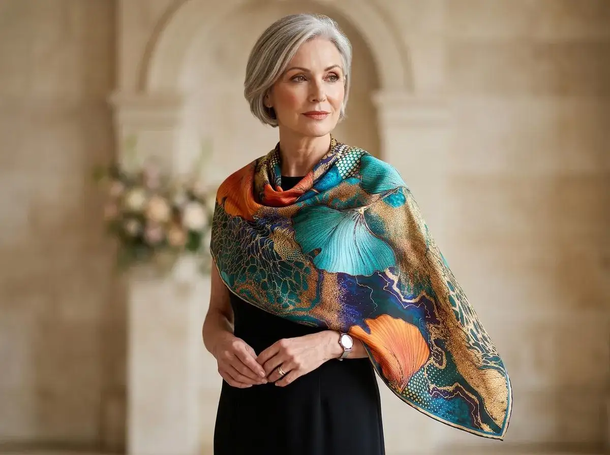 Donna elegante con un foulard colorato che avvolge le spalle. Il suo **carrè significato** è un'espressione di stile e raffinatezza, con motivi astratti e dorati.