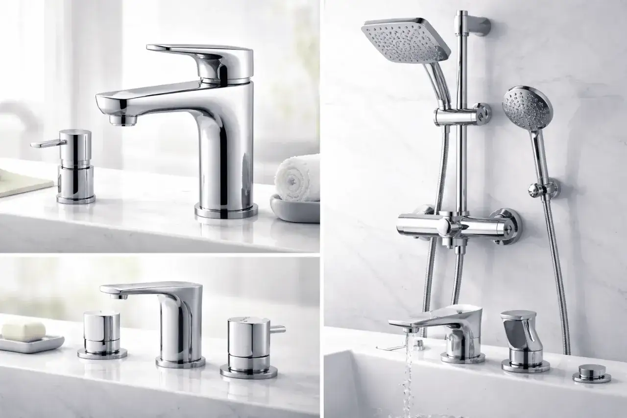 Ensemble de robinetterie de salle de bain moderne, la couleur robinetterie est chromée brillante. Douche et lavabo assortis.