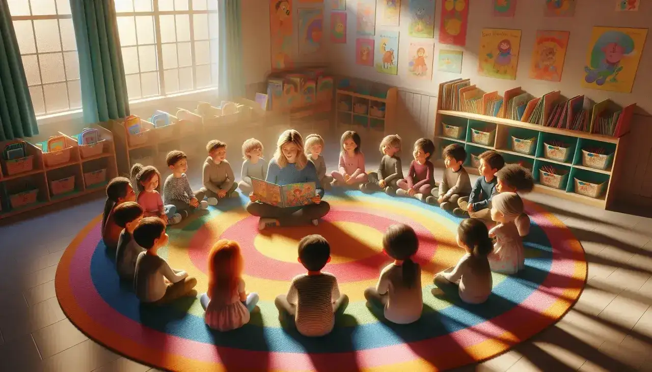 Maestra lee cuentos de leyendas para niños sentados en un círculo en una sala de clases colorida.