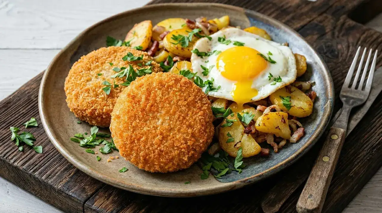 Knusprige Fischbuletten mit Bratkartoffeln, Speck und Spiegelei. Ein leckeres Fischbuletten Rezept f&uuml;r jeden Tag.