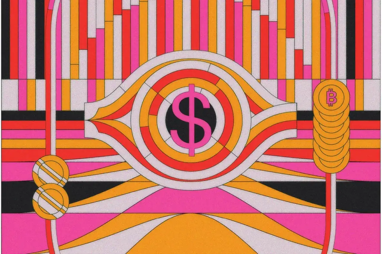 Bunte Linien und Kreise bilden ein Auge mit Dollarzeichen. Rechts stapeln sich Bitcoin-M&uuml;nzen. Was ist das? NFT!