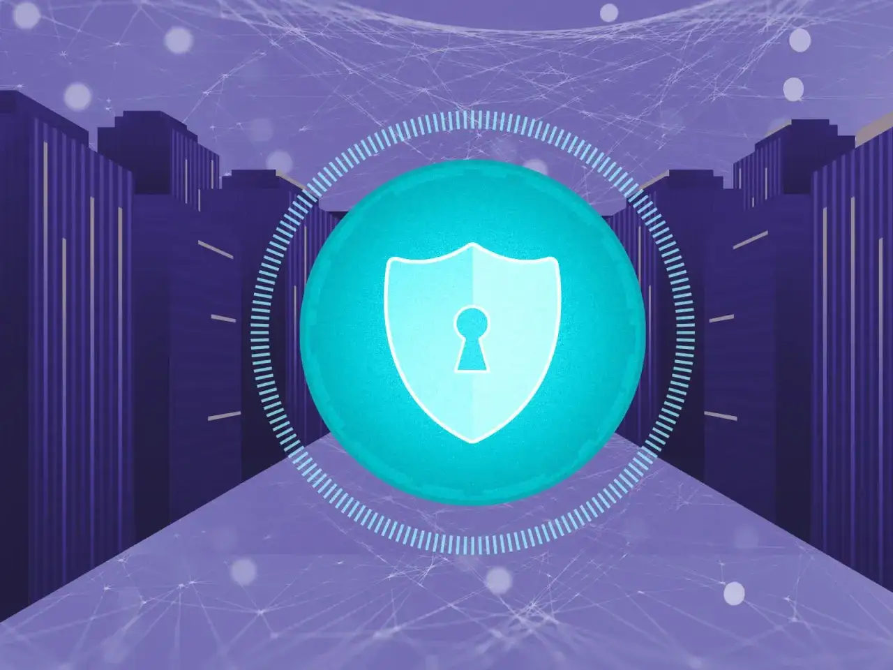 Sicheres Internet der Dinge: Ein Schild mit Schlüsselbundsymbol vor einer Stadtkulisse symbolisiert den Schutz im **future of IoT**.