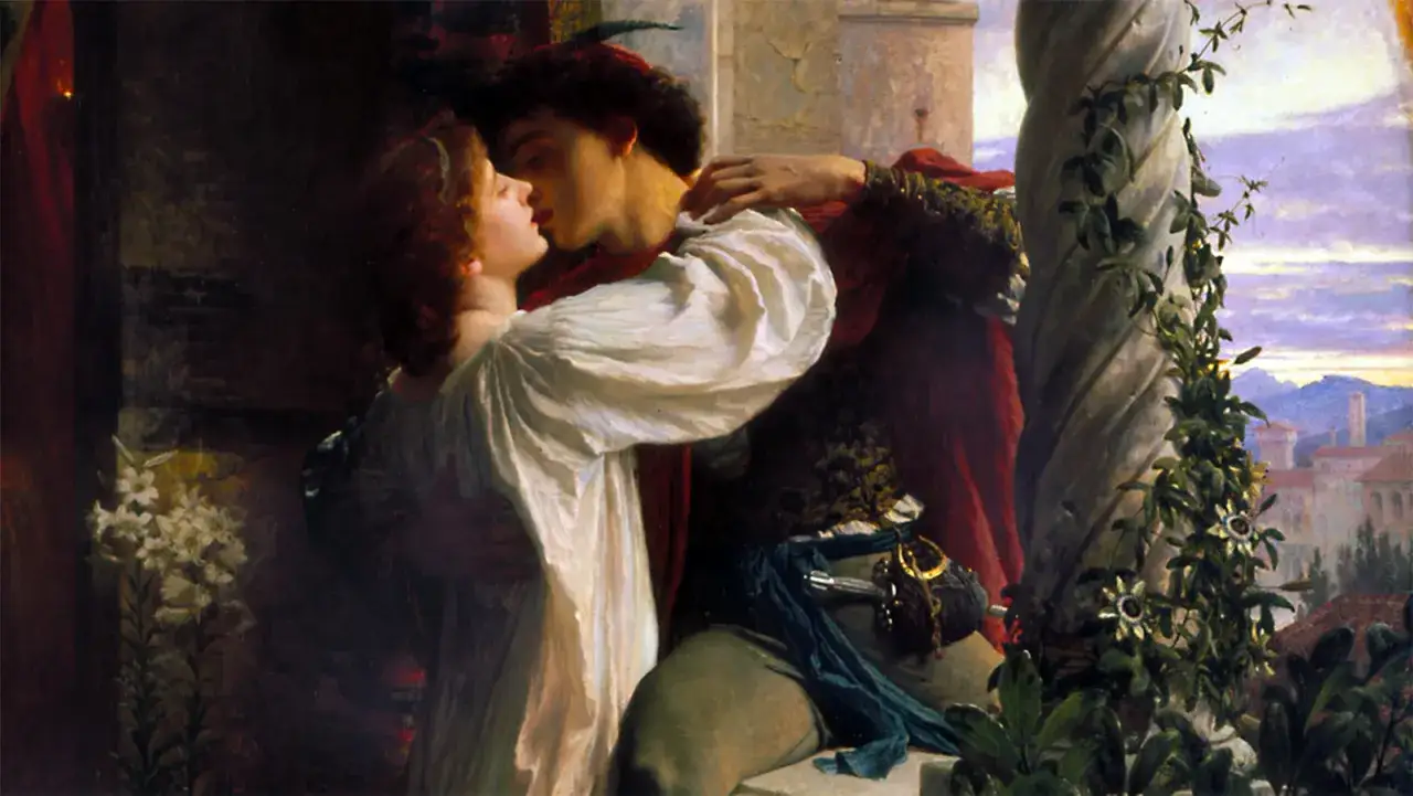 En ung kvinna och man kysser varandra passionerat. En påminnelse om vem som skrev Romeo och Julia.