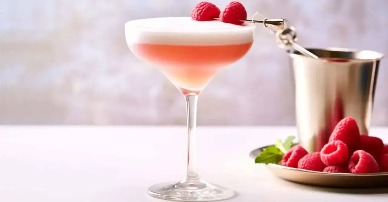 Malinowy drink z pianką, ozdobiony dwoma malinami na patyczku. Obok metalowy shaker i talerzyk z malinami. Idealne domowe drinki z martini.