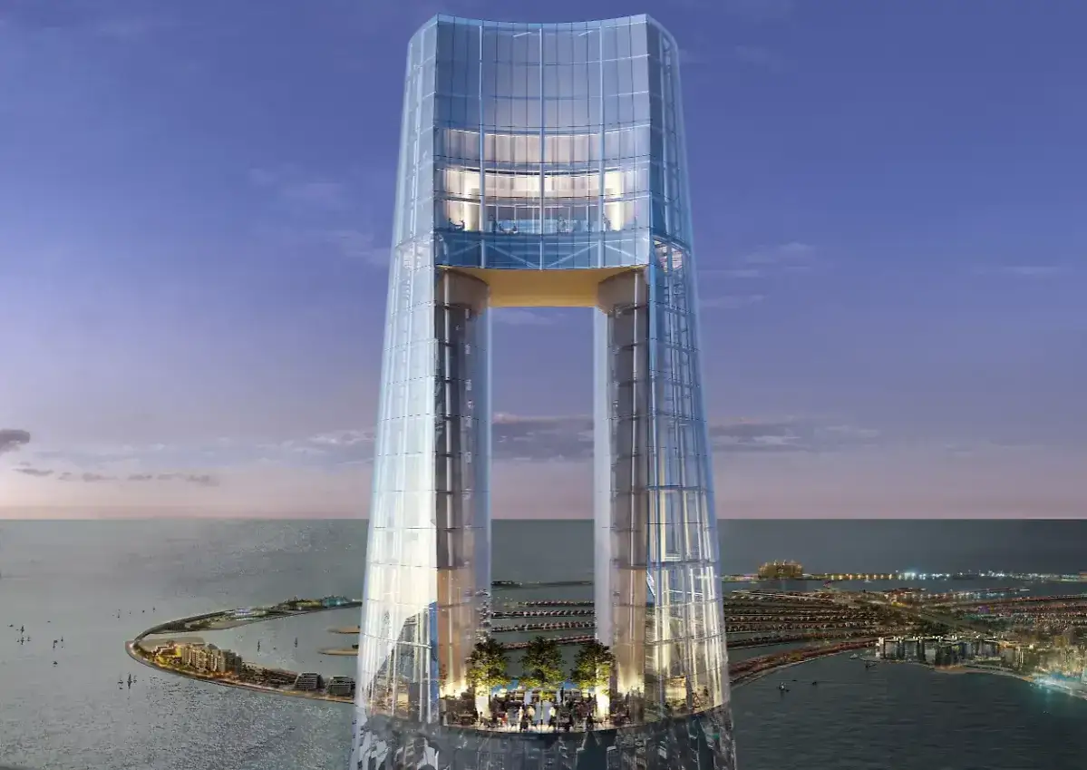 Futuristischer Wolkenkratzer mit Lücke, der die beeindruckenden dubai projekte widerspiegelt. Ein Wahrzeichen der Skyline.