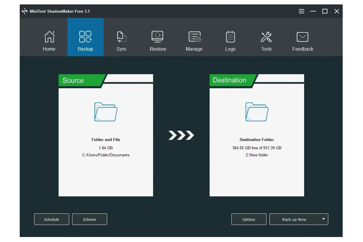 MiniTool ShadowMaker Free: Erstellen Sie ein Image von Ihrer Festplatte. Quelle und Ziel sind klar ersichtlich.