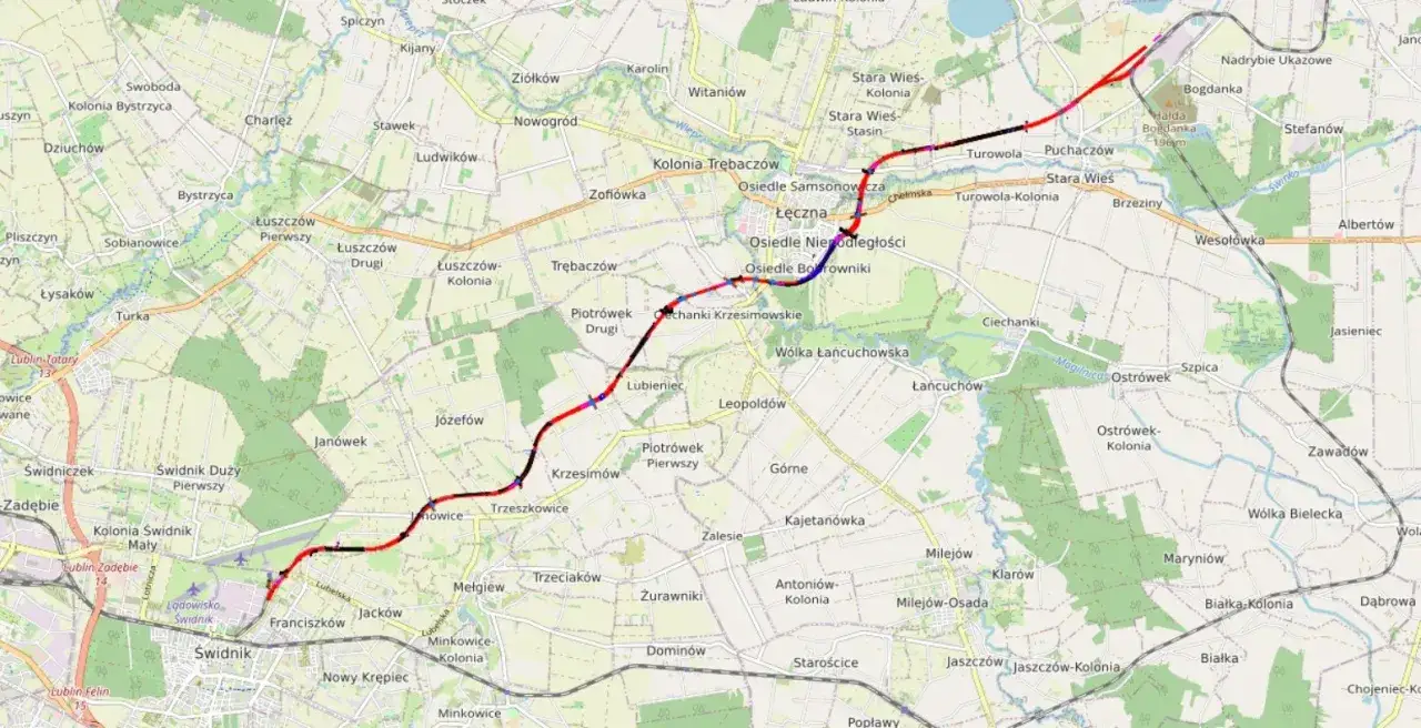 Mapa trasy Łęczna Lublin przystanki busa