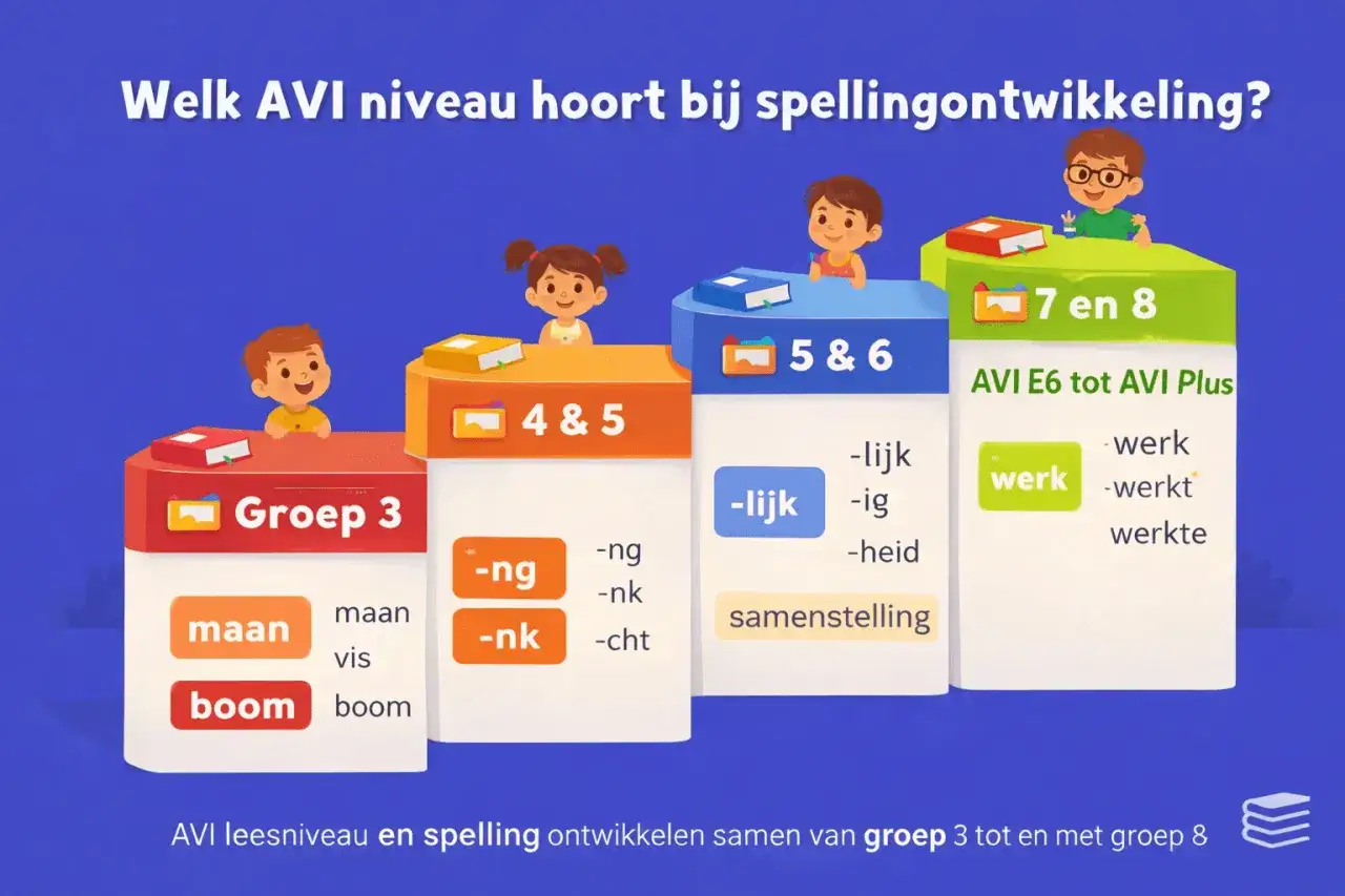 Kinderen leren lezen en spellen. De afbeelding toont AVI-niveaus en spellingontwikkeling, van groep 3 tot 8, om leesproblemen te voorkomen.