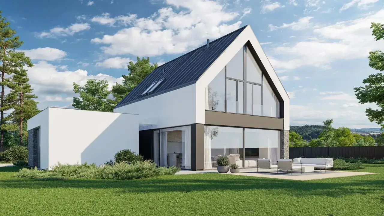Nowoczesny dom z dużymi przeszkleniami i tarasem. To idealny home koncept 03 dla rodziny ceniącej przestrzeń i światło.