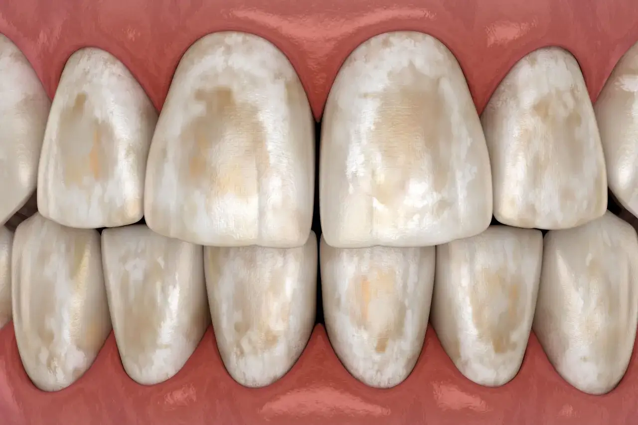 Denti con macchie opache e ingiallite, che suggeriscono la mancanza di smalto. Le gengive rosa circondano i denti.