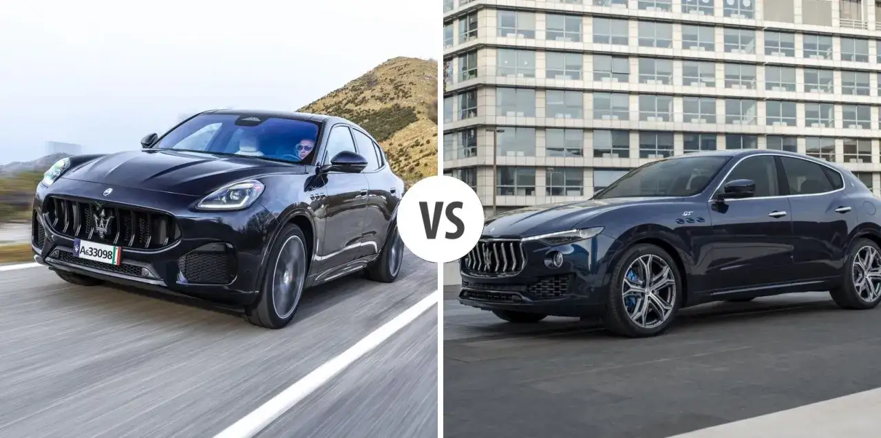 Dwa luksusowe Maserati SUV: jeden czarny na drodze, drugi granatowy przed budynkiem.