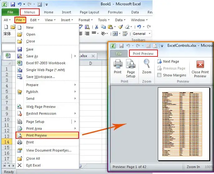 Excel print preview settings screenshot
