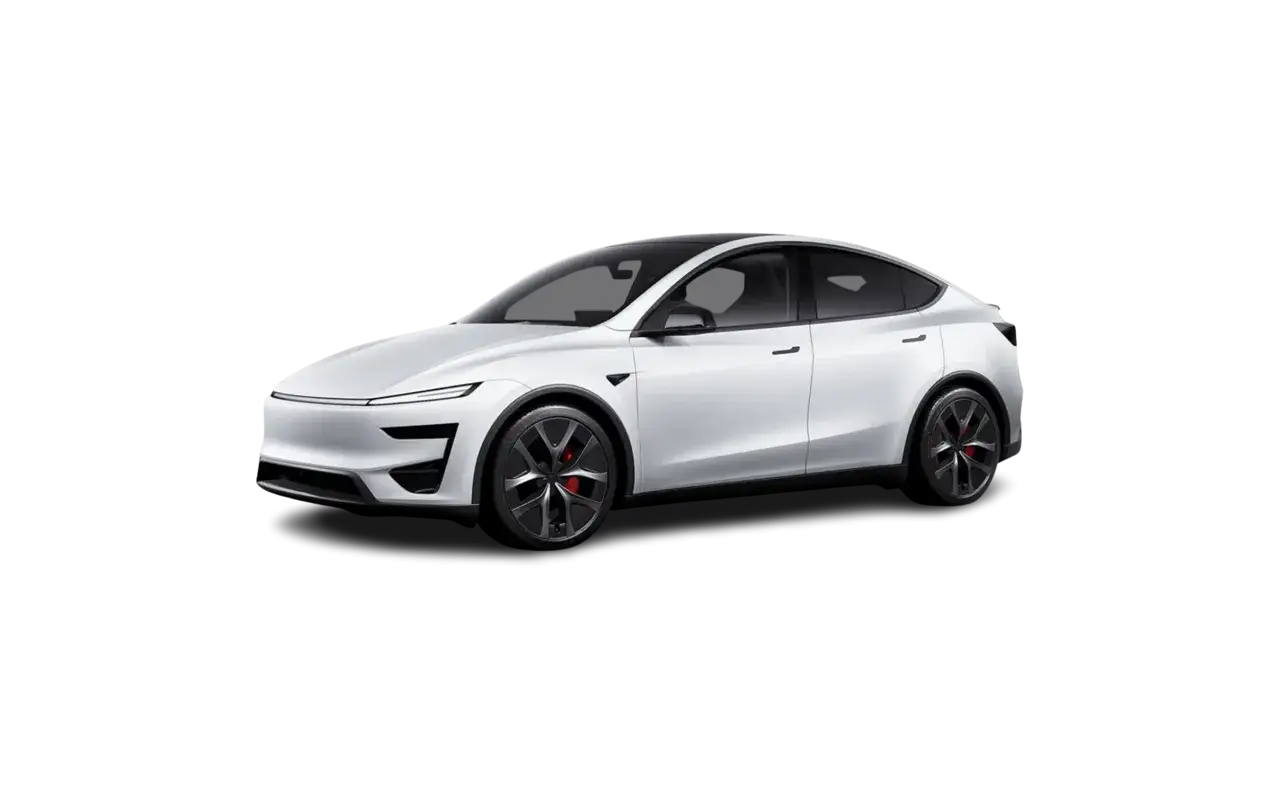Biała Tesla Model Y na czarnym tle. Zastanawiasz się, ile kosztuje Tesla Model Y? Ten elegancki SUV elektryczny może być Twój!