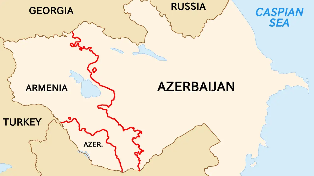 Mapa Kaukazu: Armenia leży między Gruzją, Rosją, Azerbejdżanem i Turcją, nad Morzem Kaspijskim.