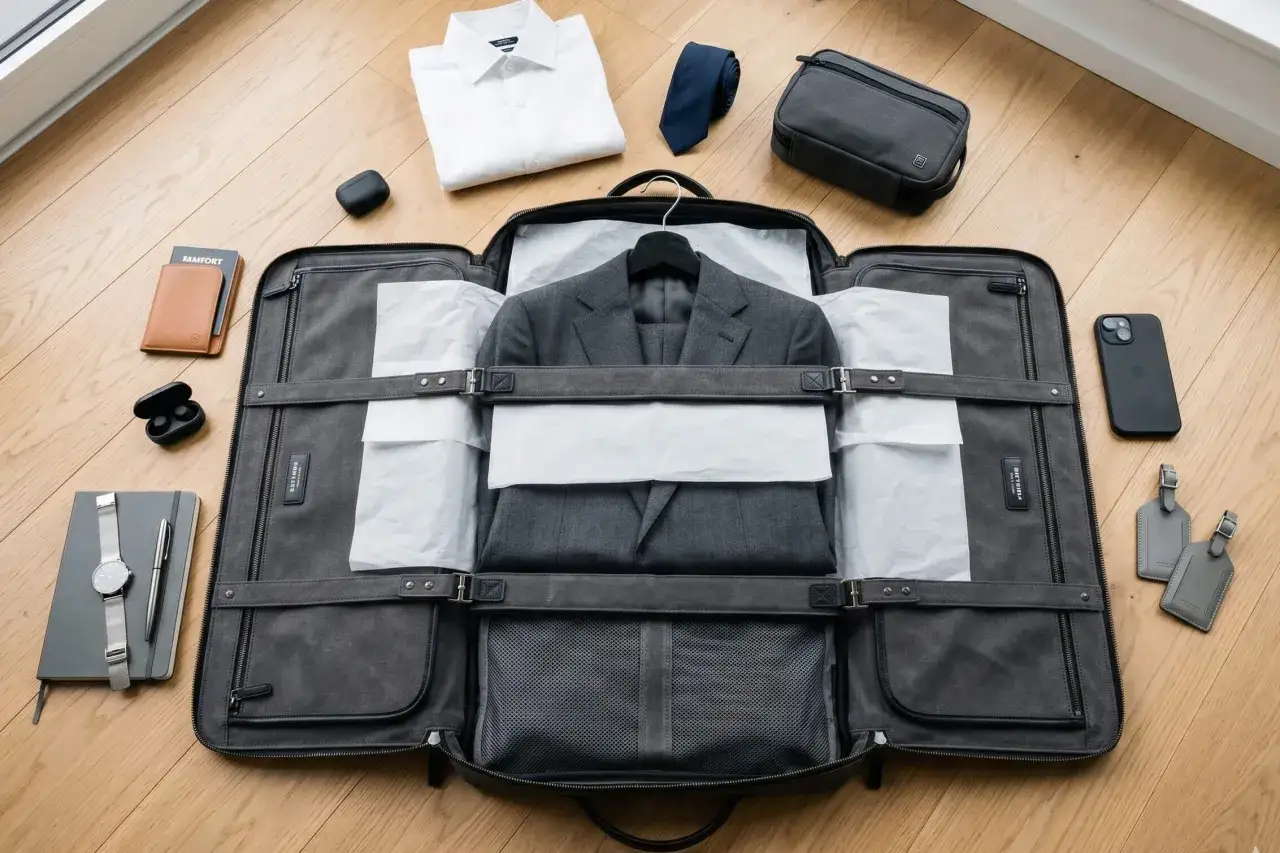 Ein grauer Anzug wird sorgf&auml;ltig in einer Reisetasche verpackt, bereit f&uuml;r den Transport. Daneben liegen ein wei&szlig;es Hemd, eine Krawatte, ein Kulturbeutel, Kopfh&ouml;rer, ein Notizbuch mit Stift und Uhr, ein Smartphone und Gep&auml;ckanh&auml;nger.