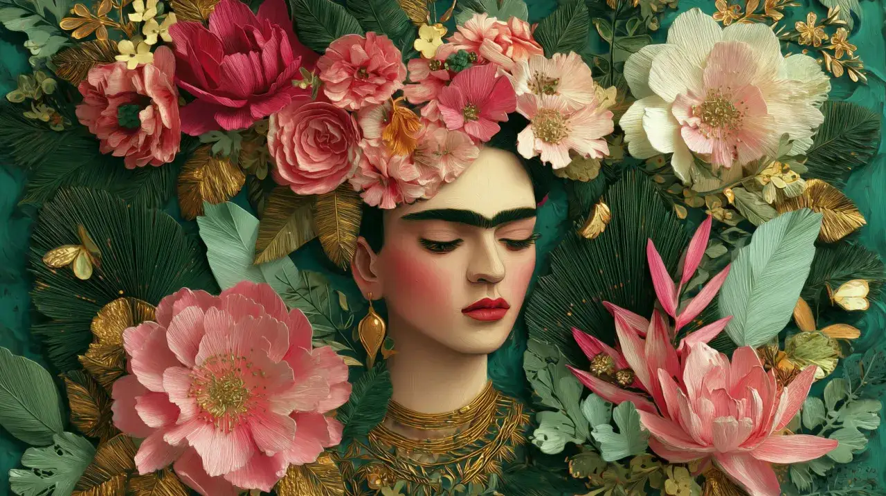 Une peinture de Frida Kahlo, couronn&eacute;e de fleurs roses et blanches, entour&eacute;e de feuillage luxuriant et de touches dor&eacute;es.