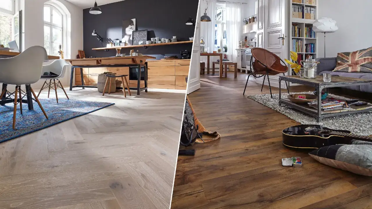 Vergleich von hellem Parkett im Fischgr&auml;tmuster mit dunklem Laminatboden im Wohnzimmer.