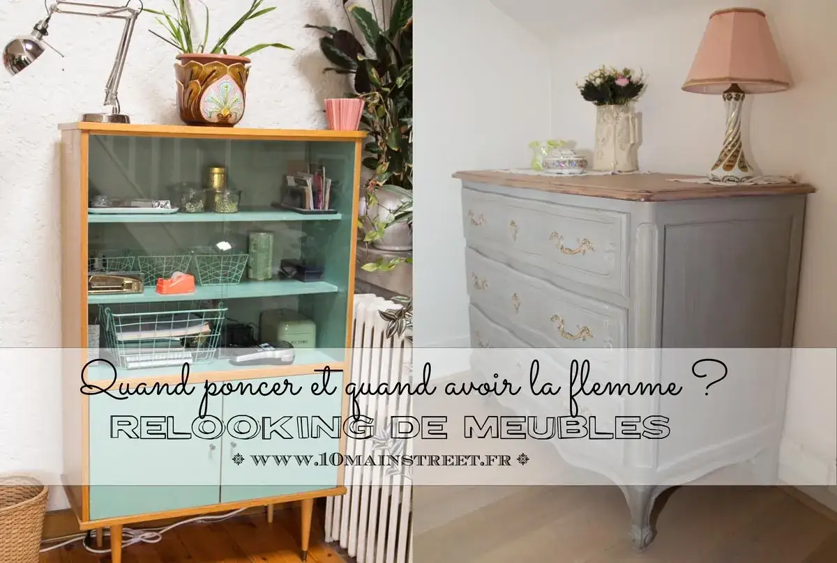 Avant/apr&egrave;s : une commode grise et une &eacute;tag&egrave;re turquoise, avant et apr&egrave;s le **d&eacute;capage bois** et relooking.