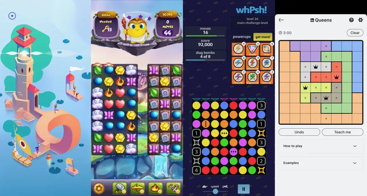 Capturas de pantalla de juegos para iPhone, incluyendo un juego de puzzle tipo match-3 y un juego de estrategia.