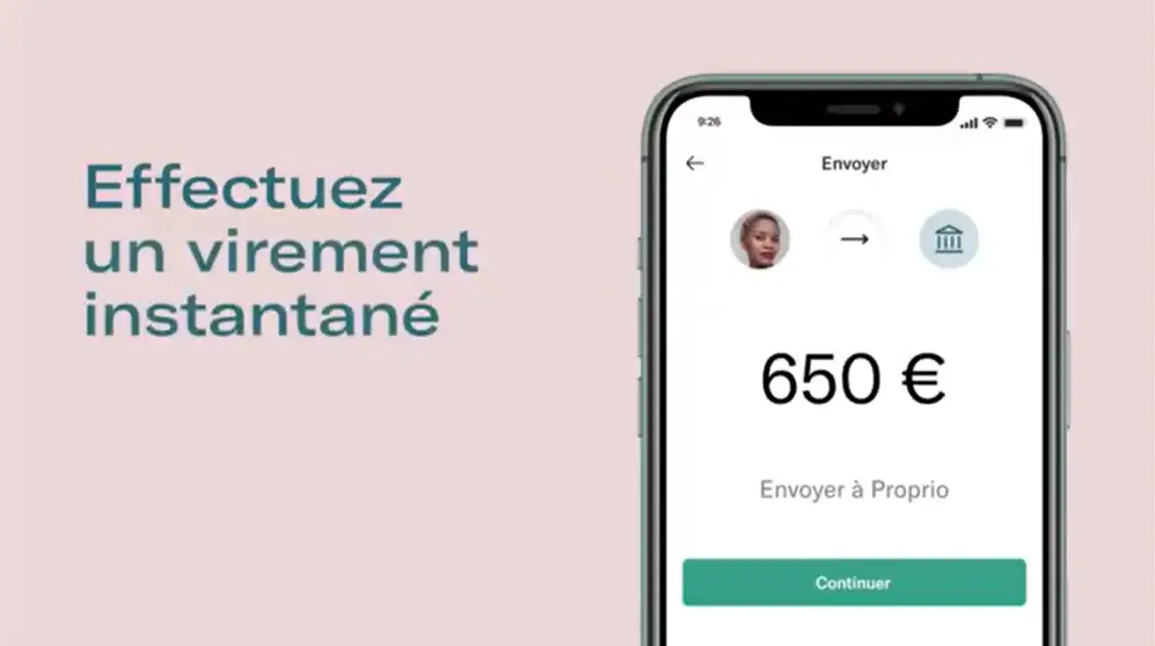 Un écran de smartphone N26 affiche un virement entrant de 650€, prêt à être confirmé.