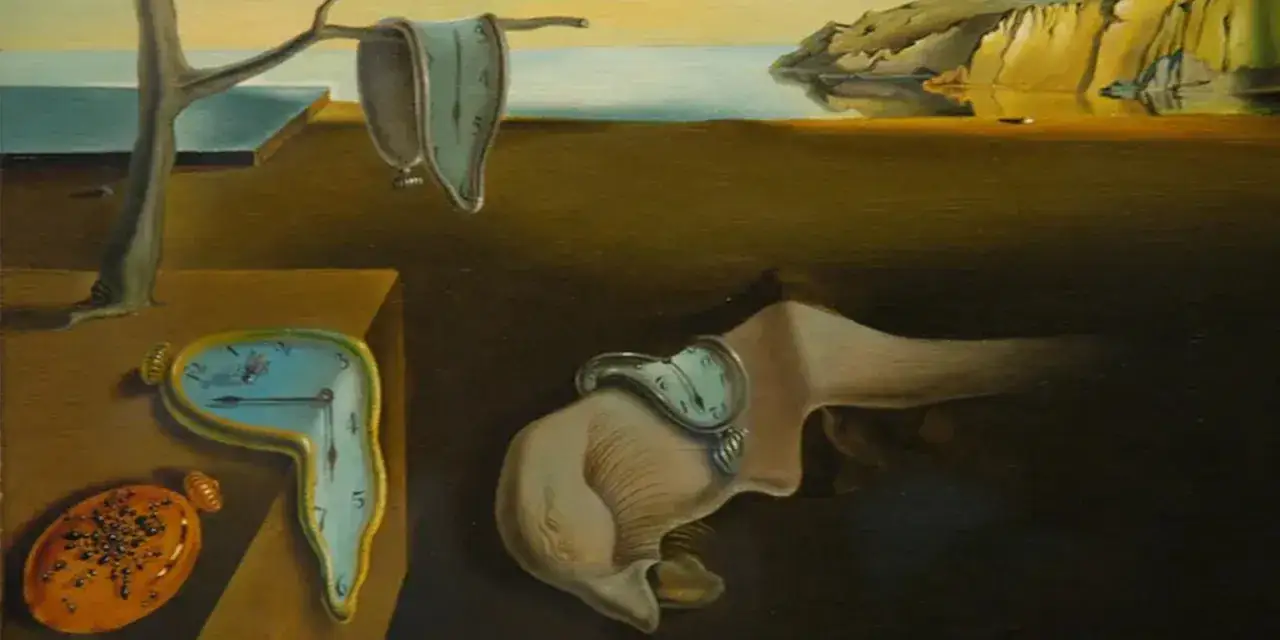 Salvador Dal&iacute; i upływ czasu: topniejące zegary na pustynnym krajobrazie, symbolizujące ulotność chwili.