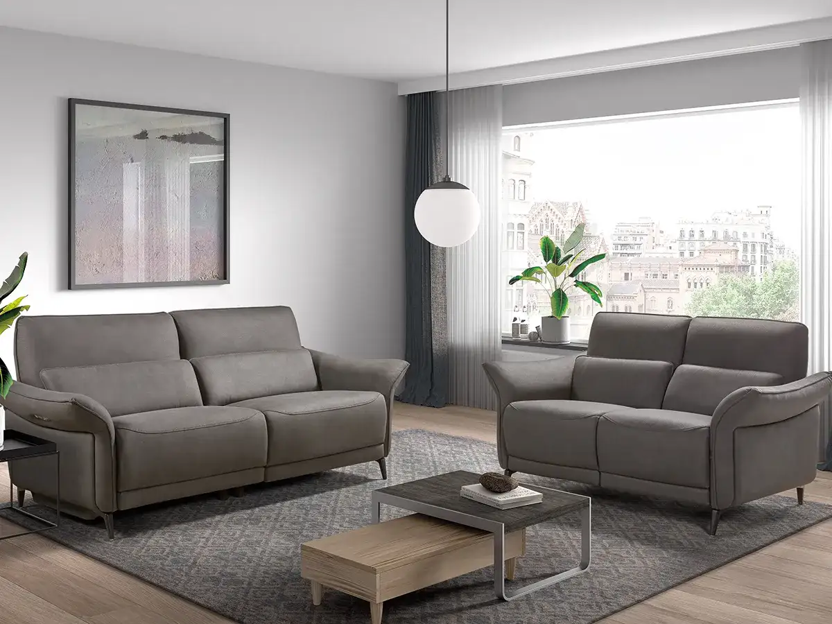 Canapés en microfibre : confort et entretien facile, mais attention aux taches. Ces modèles gris s'intègrent dans un salon moderne.