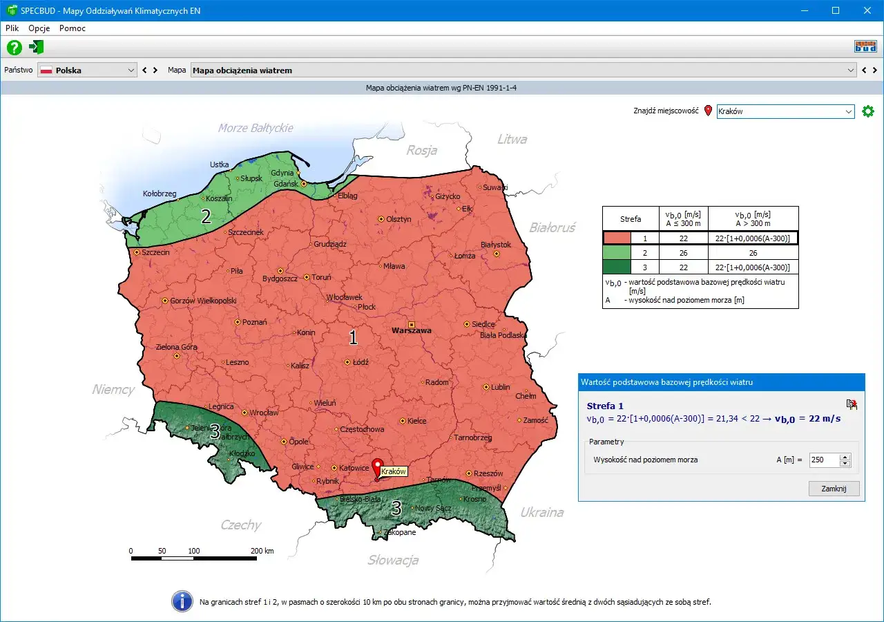 Mapa Polski z zaznaczonymi strefami wiatrowymi. Kolory wskazują różne kategorie obciążenia wiatrem, od strefy 1 (czerwona) po strefę 3 (zielona).