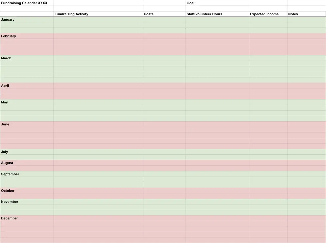 A free fundraising calendar template with columns for activity, costs, staff hours, and income. Plan your year's events with this easy-to-use tool.