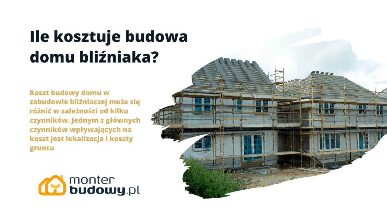 Budowa domu bliźniaka w trakcie. Rusztowania otaczają konstrukcję, widać okna i dach w budowie.