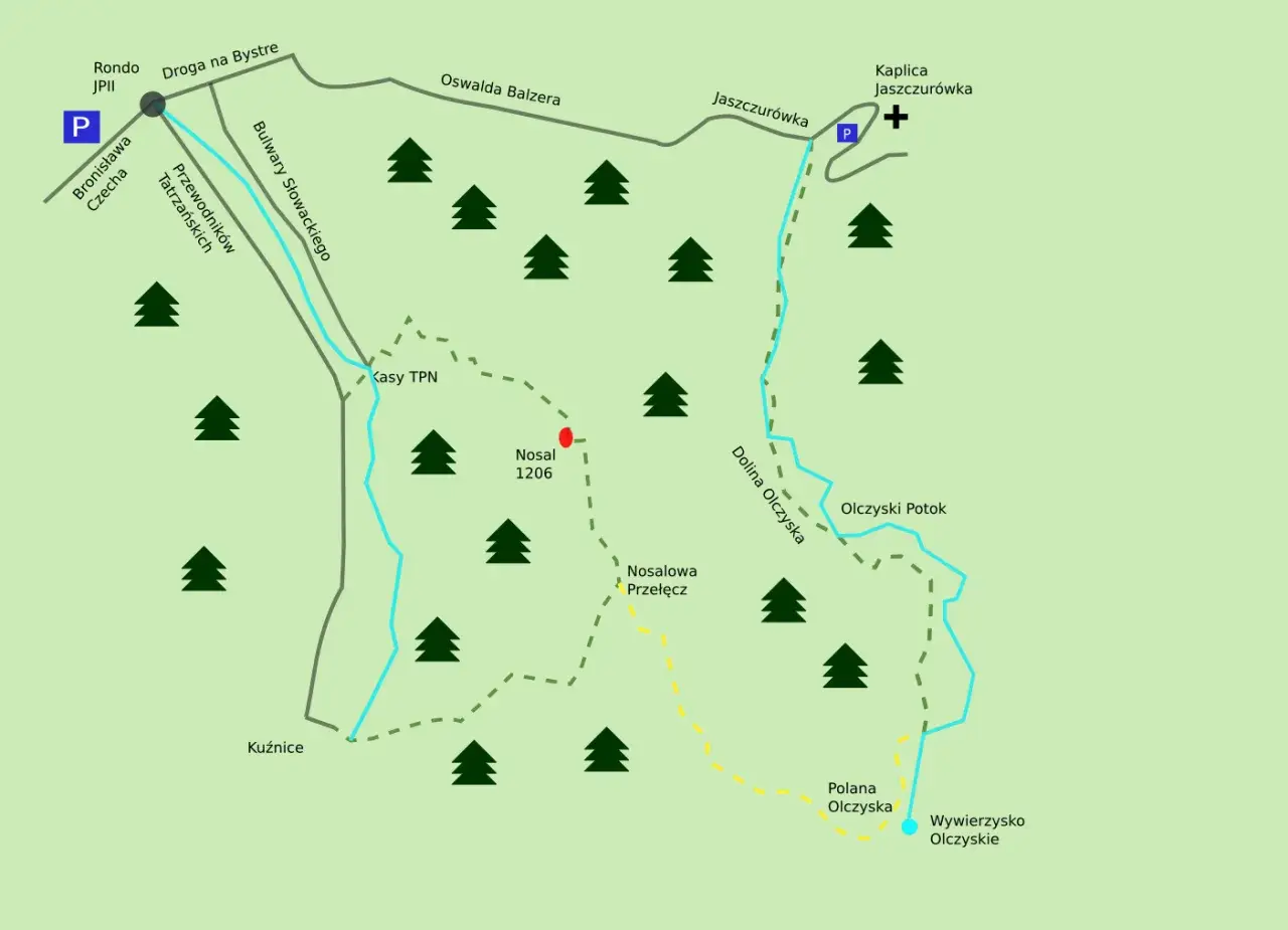 Mapa szlaku na Nosal z Jaszczurówki. Trasa prowadzi przez Kuźnice, Dolinę Olczyską i Polanę Olczyska.