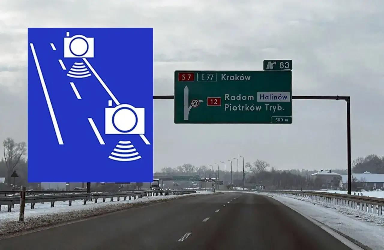 Uwaga na s8 odcinkowy pomiar prędkości! Znak informuje o systemie kontroli prędkości na trasie do Krakowa, Radomia i Piotrkowa Trybunalskiego.