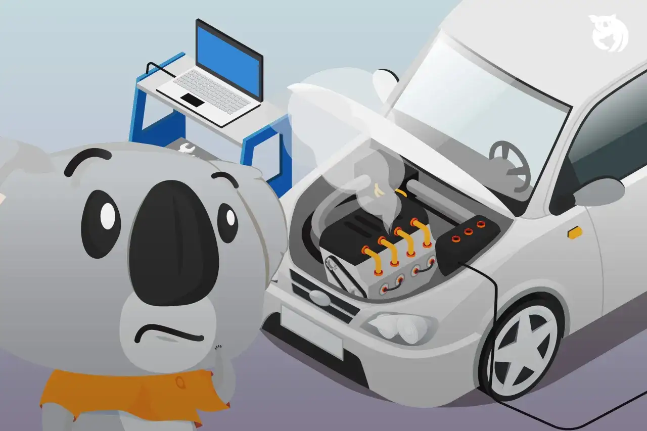 Un koala triste face à une voiture en panne. Le capot est ouvert, le moteur fume. Un ordinateur diagnostique la panne du calculateur moteur.
