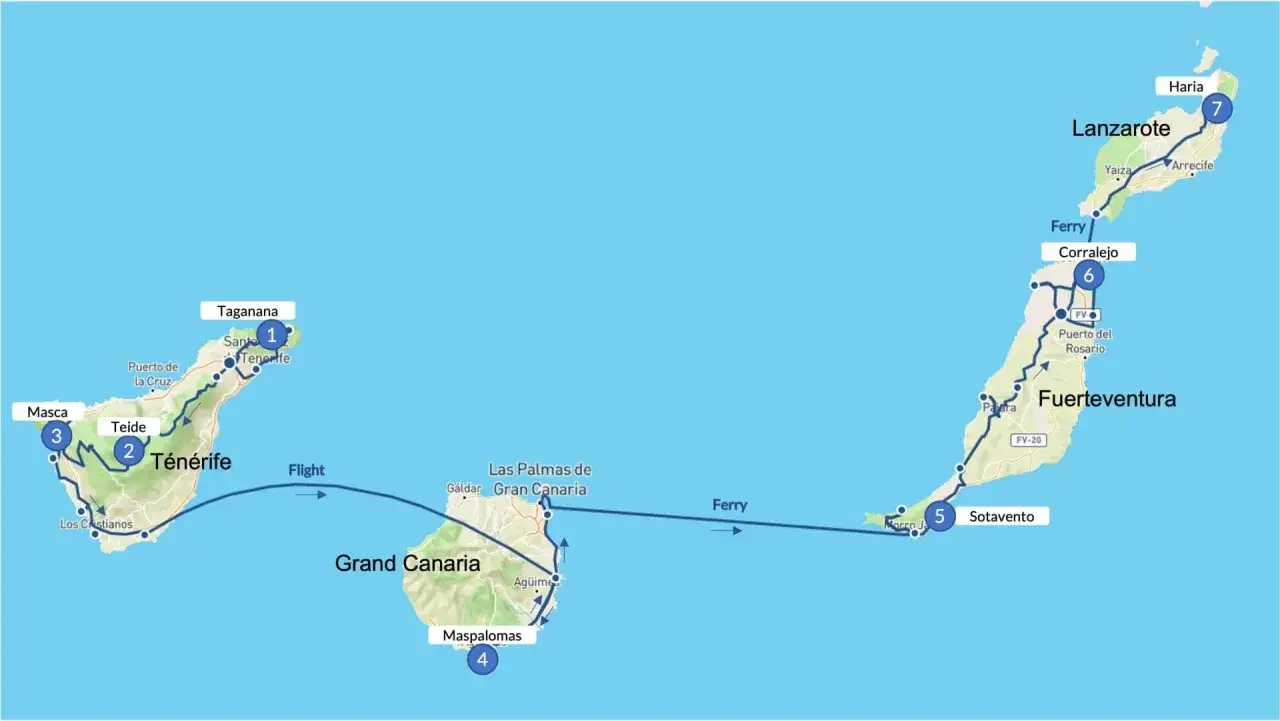 Trasa podr&oacute;ży po Wyspach Kanaryjskich: lot na Teneryfę, promy na Gran Canarię, Fuerteventurę i Lanzarote.