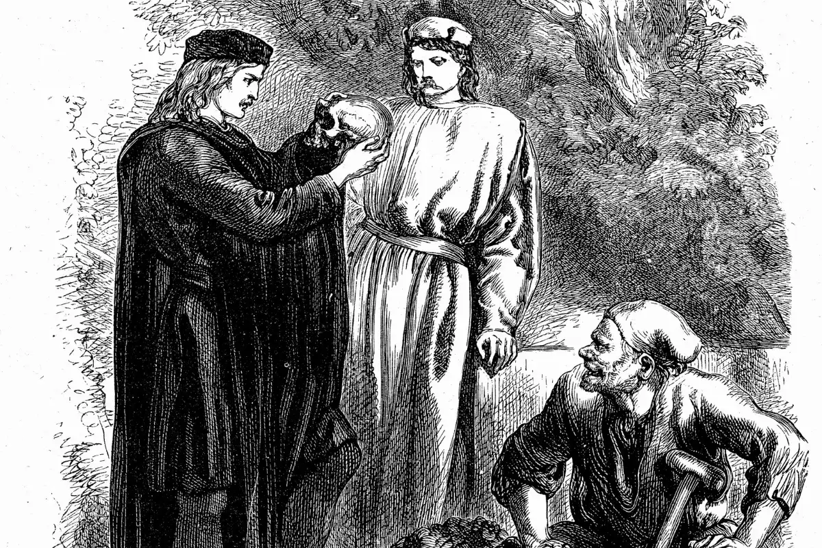 Hamlet trzyma czaszkę, rozważając