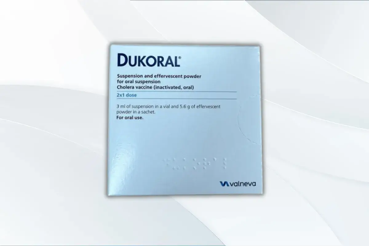 F&ouml;rpackning med Dukoral, koleravaccin f&ouml;r oral suspension. Inneh&aring;ller 2 doser.
