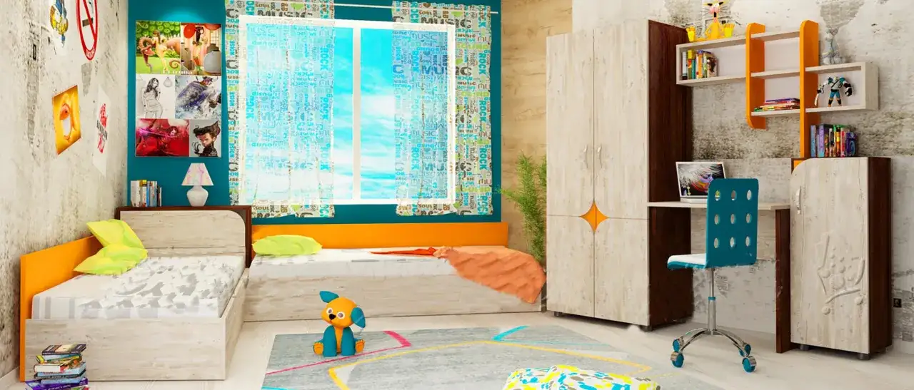 Cameretta bambino 6 anni con letti, armadio, scrivania e decorazioni a tema musicale.