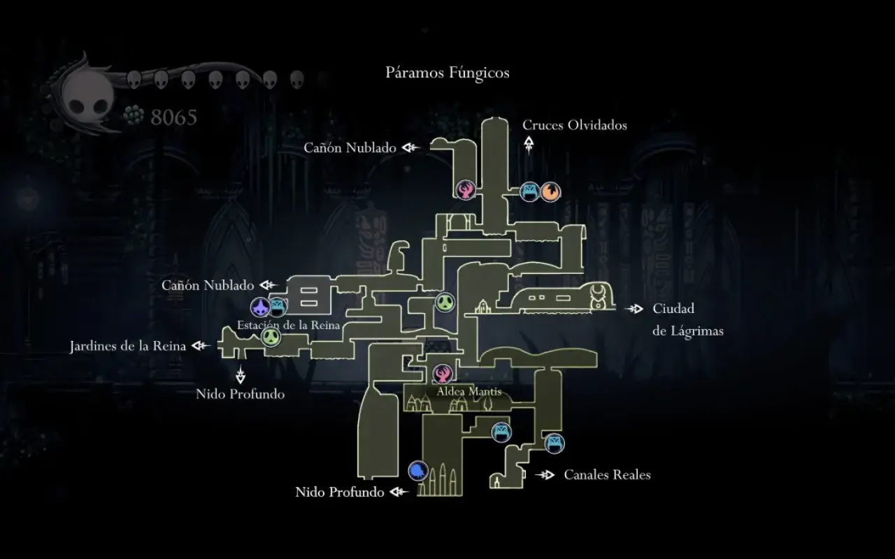Mapa de Hallownest: Páramos Fúngicos, Aldea Mantis y Ciudad de Lágrimas. El Caballero busca larvas de Hollow Knight.