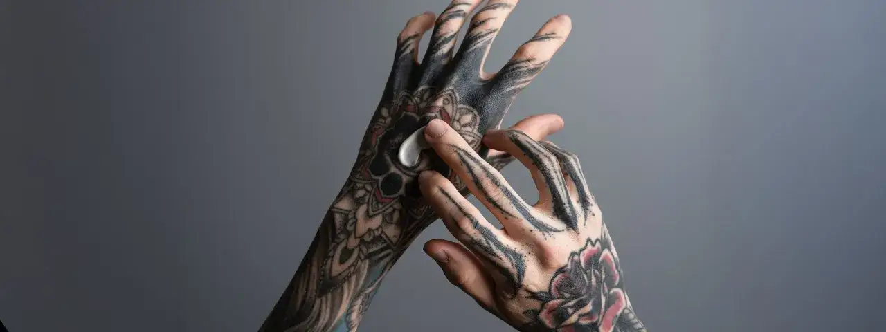 H&auml;nde mit kunstvollen Tattoos werden mit einer ph neutralen Seife f&uuml;r Tattoos gepflegt.