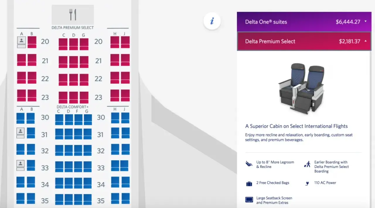 Flugzeugplatz-&Uuml;bersicht mit roten Sitzen (Delta Premium Select) und blauen Sitzen (Delta Comfort+).