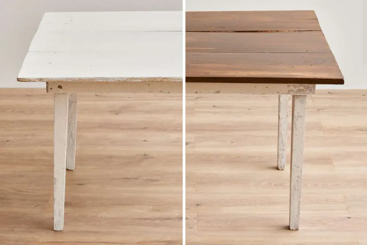 Tavolo diviso: metà bianco sverniciato, metà con impregnante scuro. Si può verniciare sopra l'impregnante per un nuovo look.