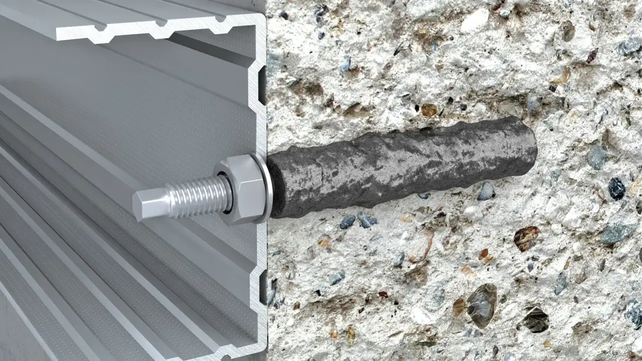Przekrój przez profil aluminiowy i beton, pokazujący kotwę chemiczną Soudal mocującą pręt zbrojeniowy.