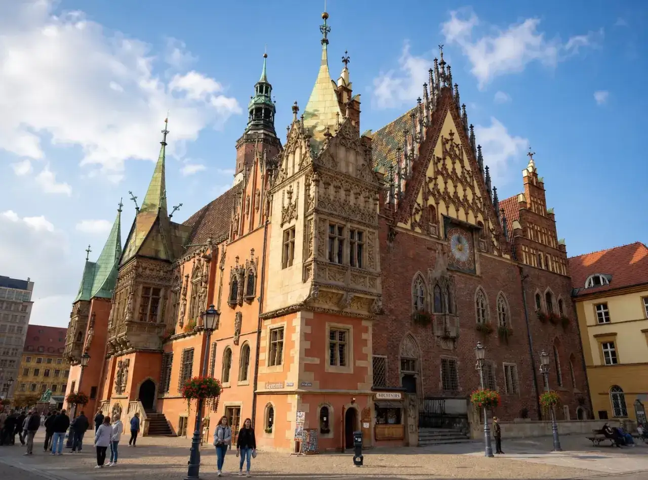 Wrocławski Rynek zachwyca Ratuszem. Tłum spaceruje po bruku, podziwiając zabytkową architekturę.