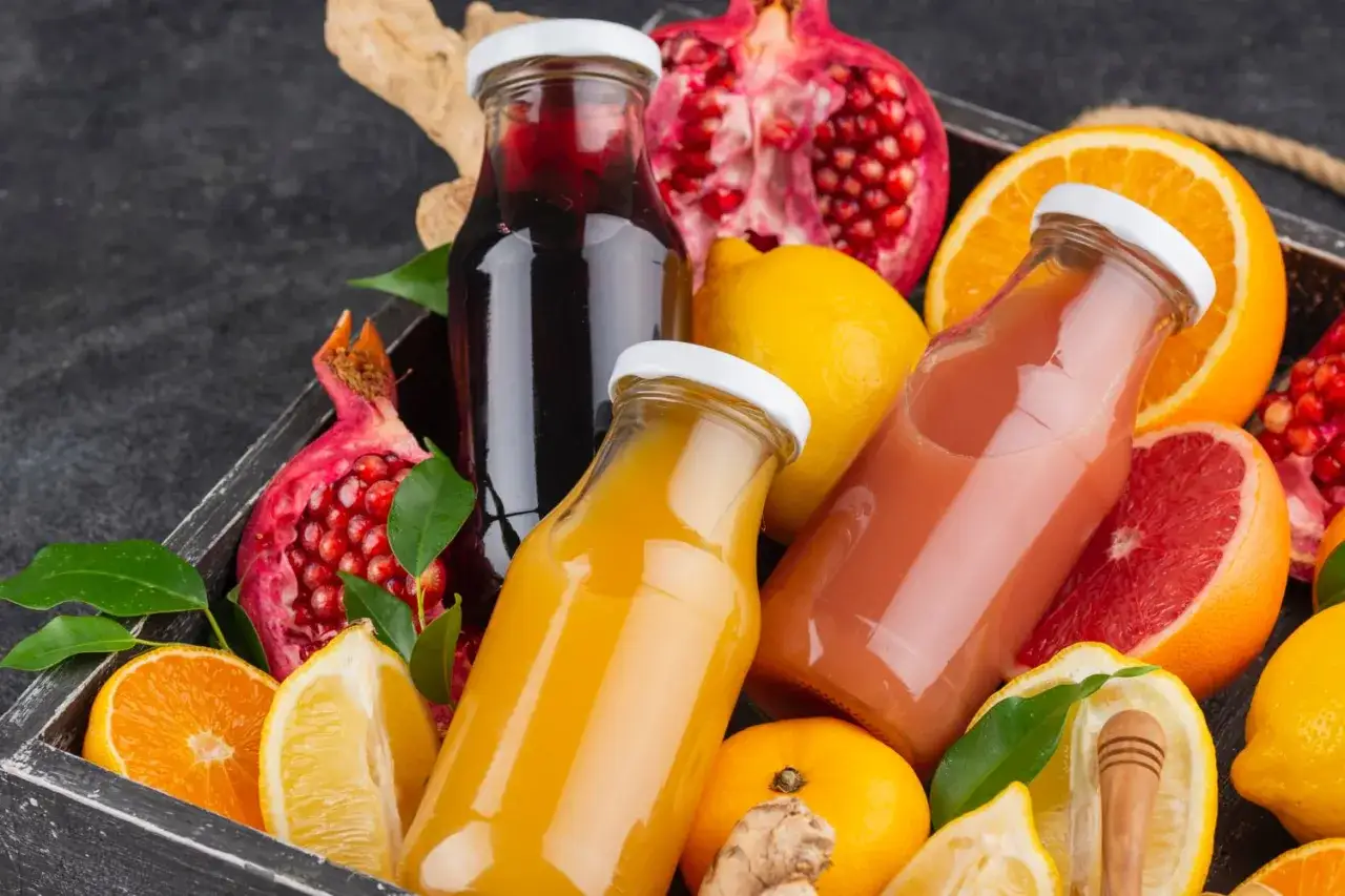 Kolorowe butelki z sokami i świeże owoce: granaty, pomarańcze, cytryny, imbir. Idealne składniki na zdrową dietę sokową.