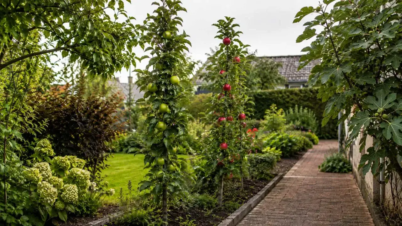 Deux pommiers autofertiles, l'un chargé de pommes vertes, l'autre de pommes rouges, bordent un chemin de briques dans un jardin luxuriant.