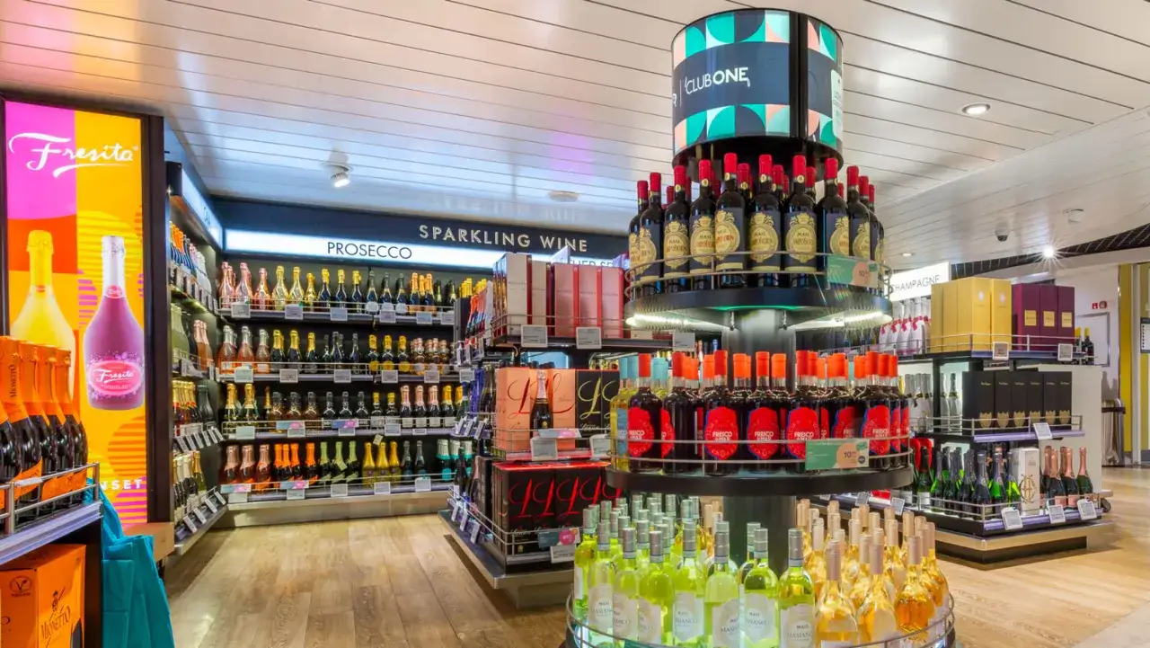 Butik med mousserande vin och champagne. Perfekt för norwegian taxfree ombord.