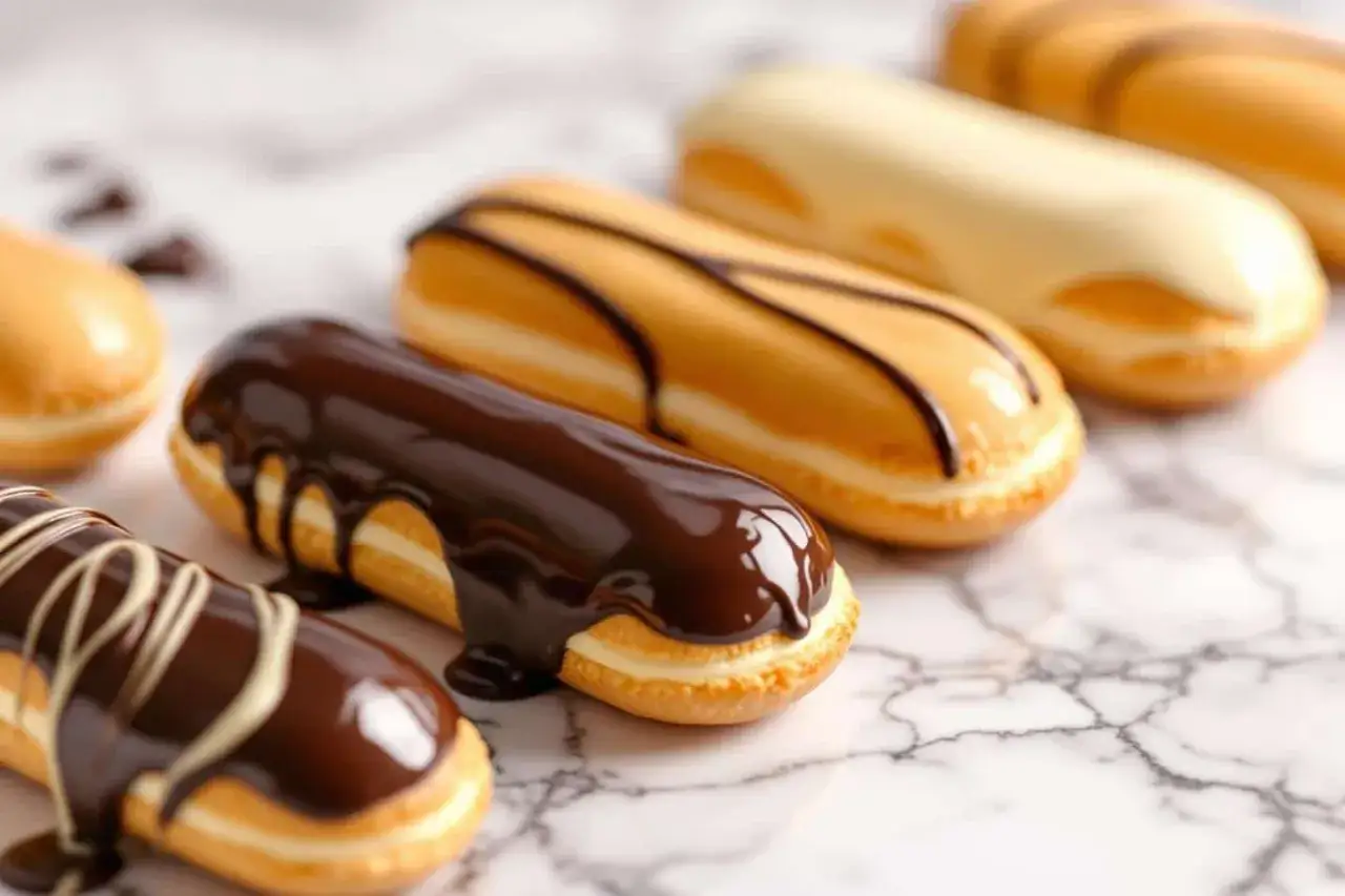 Éclairs au chocolat et à la vanille, parfaits après un temps de cuisson pâte à choux éclair idéal.